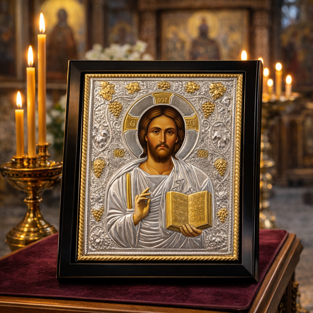 Icoana Bizantina din Athos – Mantuitorul Iisus, lucrata manual pe lemn de mahon, argintata