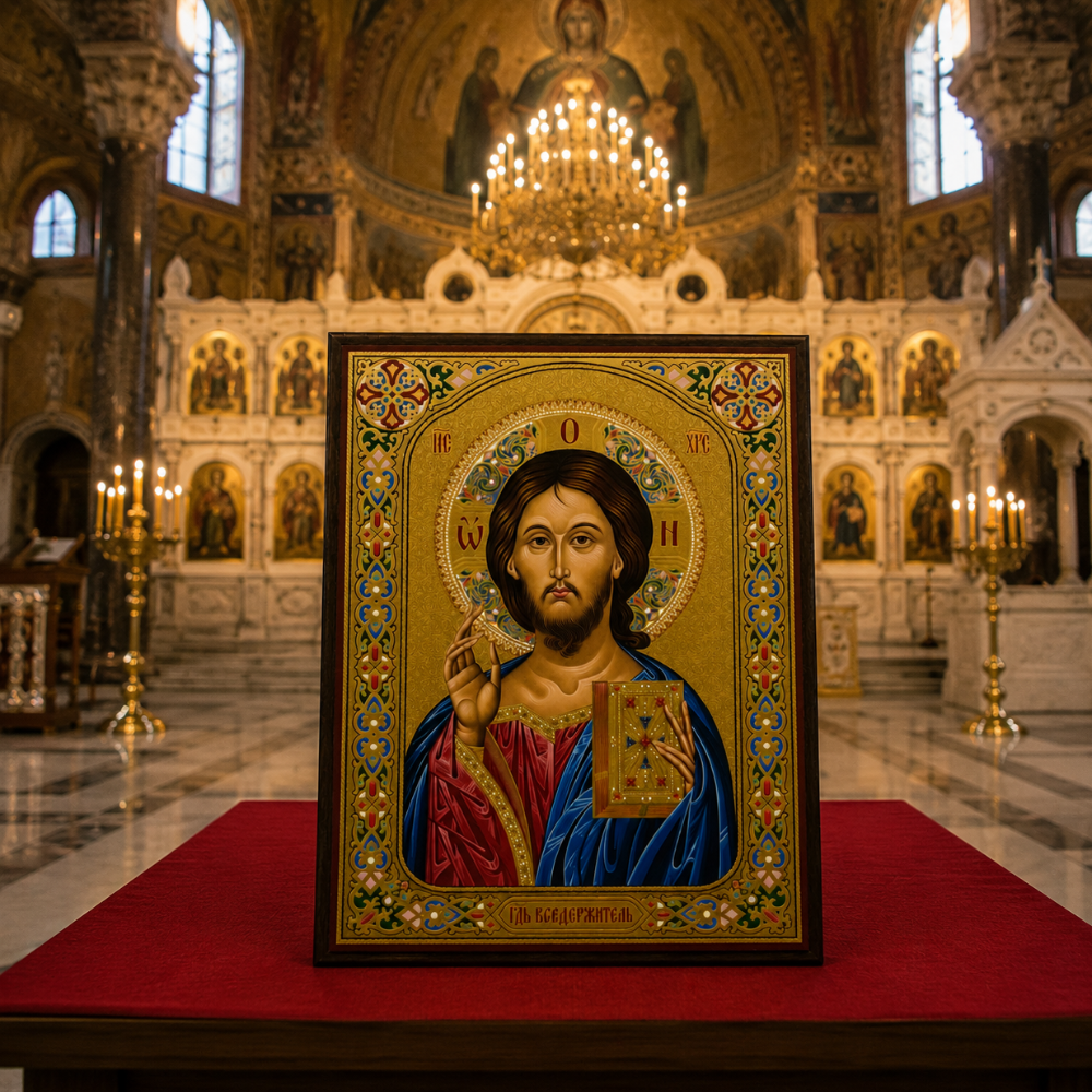 Icoana ruseasca Iisus Hristos Pantocrator, dimensiune mare 46x33 cm, Binecuvantata la Catedrala Sf Sofia