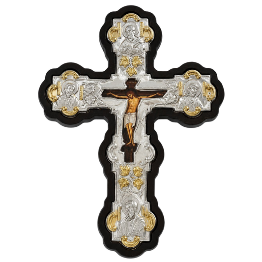 Cruce Byzantina Argintata, lucrata pe Lemn de Mahon, adusa din Athos, Dimensiuni 26x20 cm +Bonus Mir, Tamaie si Carbune