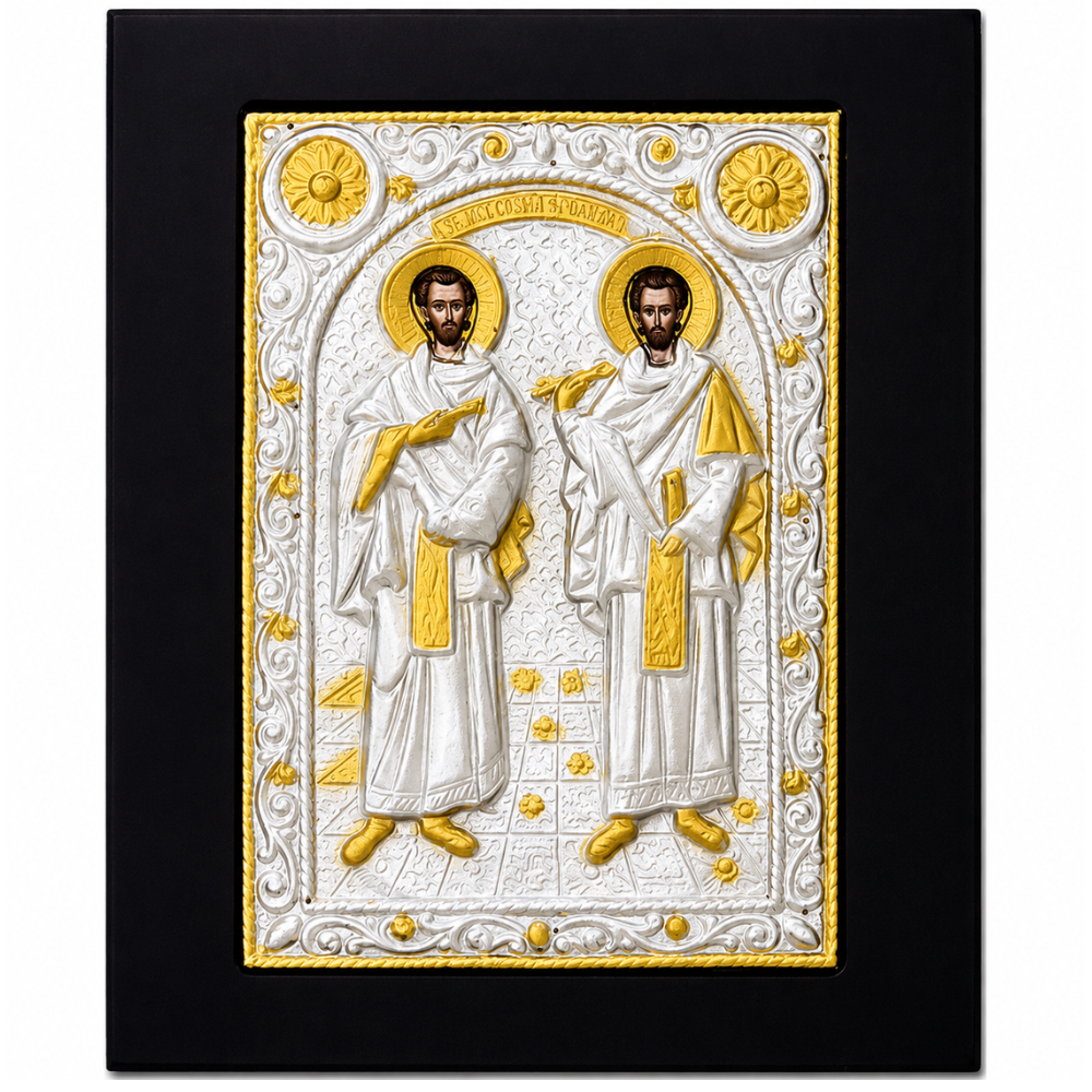 Icoana Sfantului Cosma si Damian, Lucrata manual pe lemn de Mahon, Import Athos