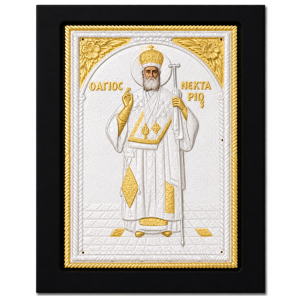 Icoana Sfantului Nectarie - Vindecatorul, Lucrata manual pe lemn de Mahon, Import Athos