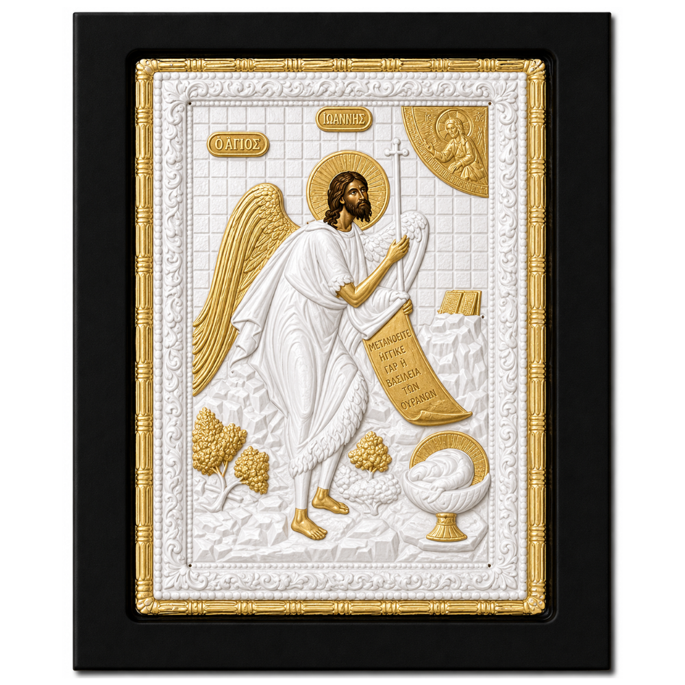 Icoana Sfantului Ioan Botezatorul, Lucrata manual pe lemn de Mahon, Import Athos