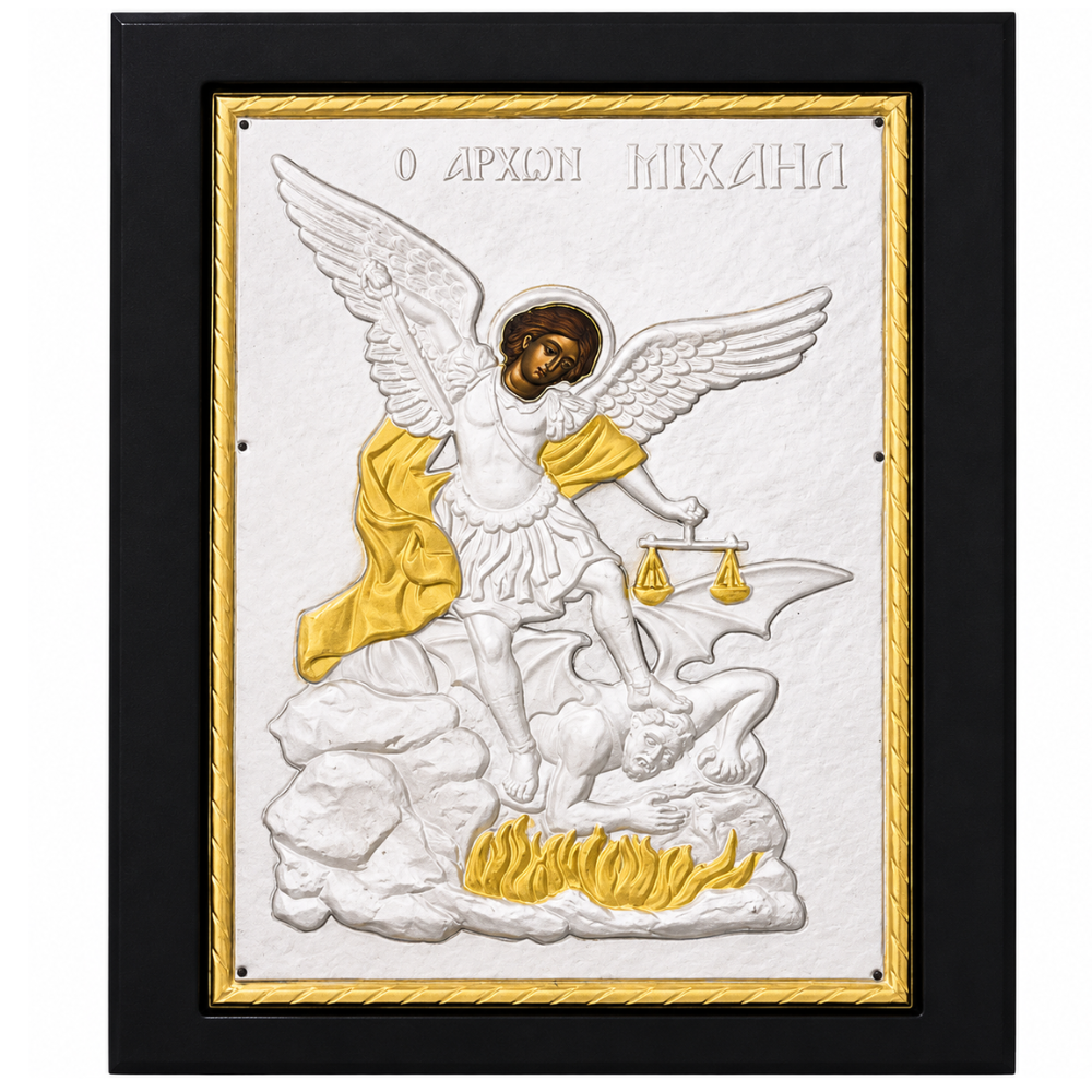 Icoana Sfantului Arhanghel Mihail, Lucrata manual pe lemn de Mahon, Import Athos