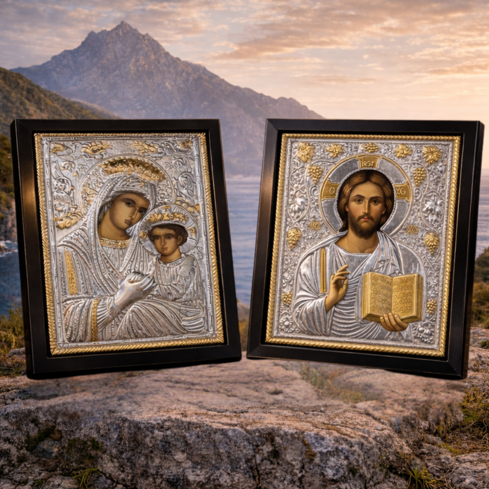 Icoana Maica Domnului + Icoana Mantuitorul Iisus, Lucrate pe lemn de Mahon, Import Athos
