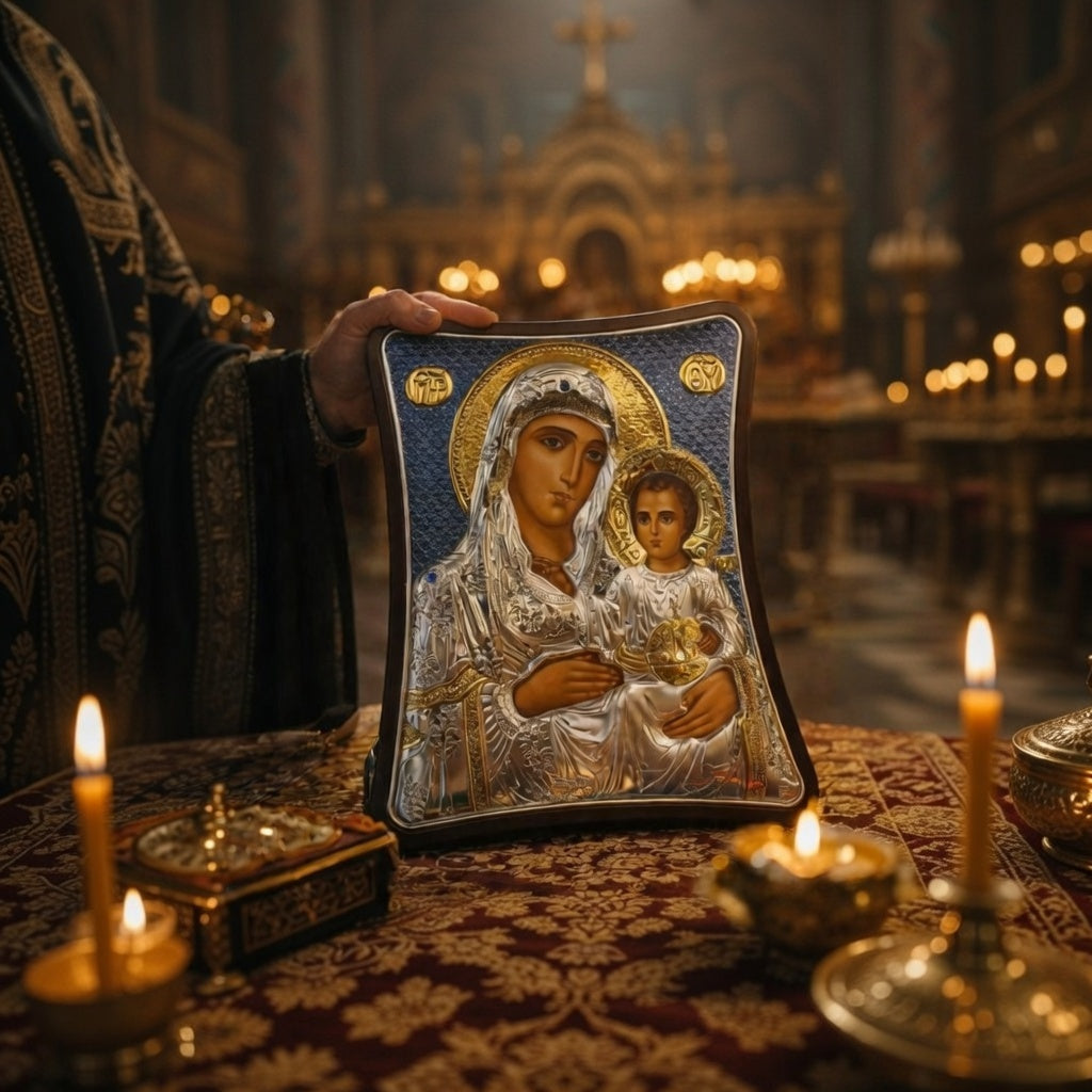 Icoana Argintata Maica Domnului cu Pruncul – Sfintita in Sfântul Munte Athos – Ocrotire si Binecuvantare pentru Casa si Familie