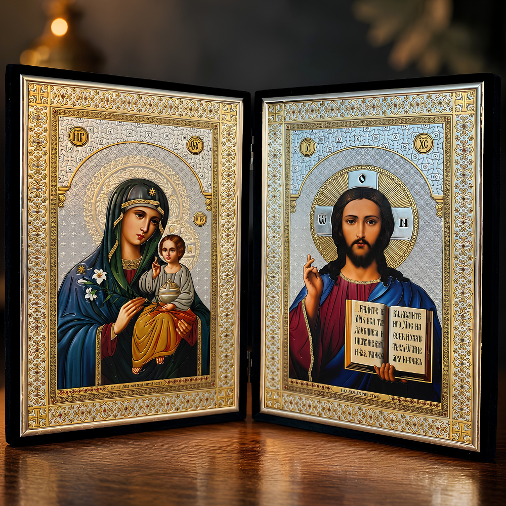 Sfanta Icoana Bizantina Maica Domnului si Mantuitorul, tip Carte cu Coperti din Catifea, Dimensiuni 45x32cm