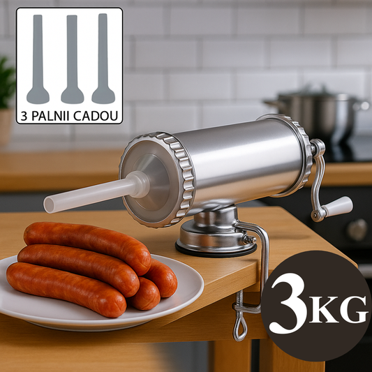 Masina de umplut carnati, 3Kg, fabricat din Inox, cu dubla prindere: ventuza + menghina, 3 palnii Bonus