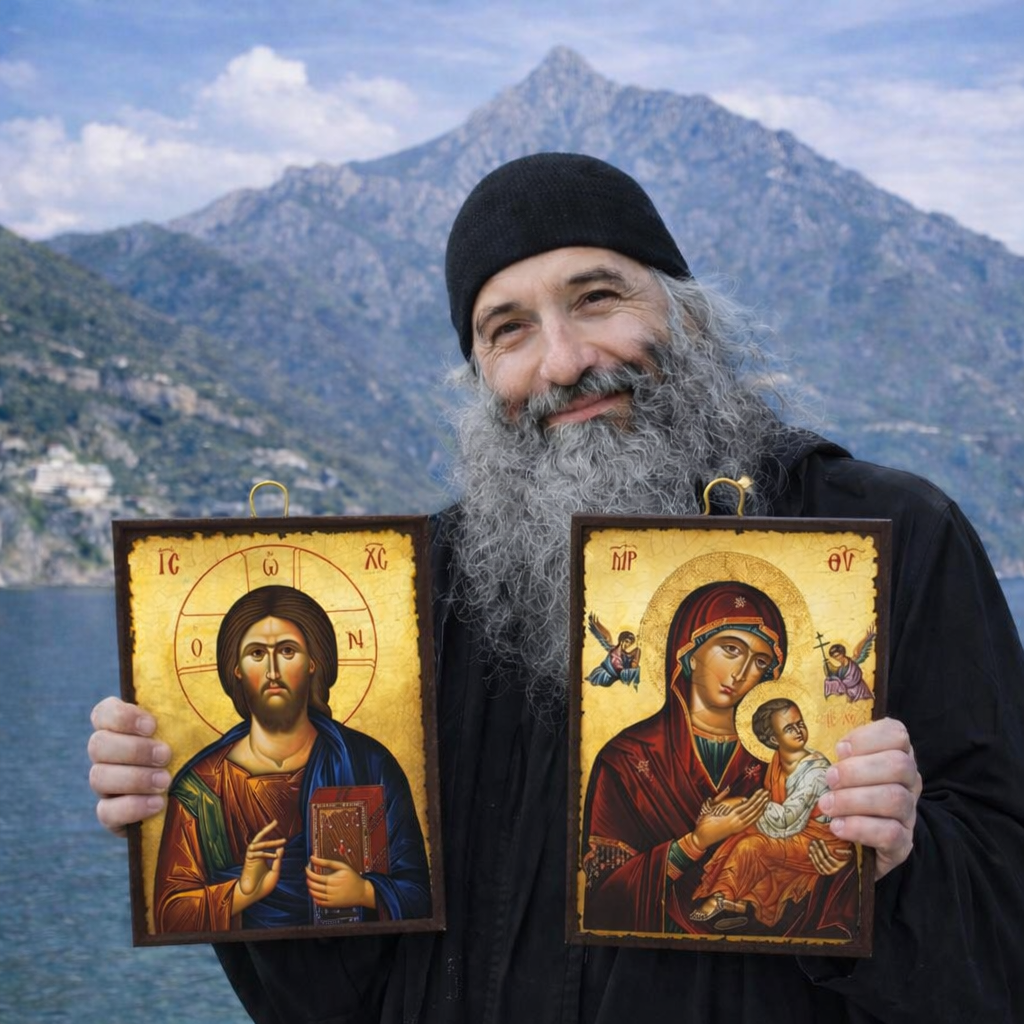 Icoana Mantuitorul Iisus + Icoana Maica Domnului, Lucrate in relif pe lemn de Mahon, Import Athos