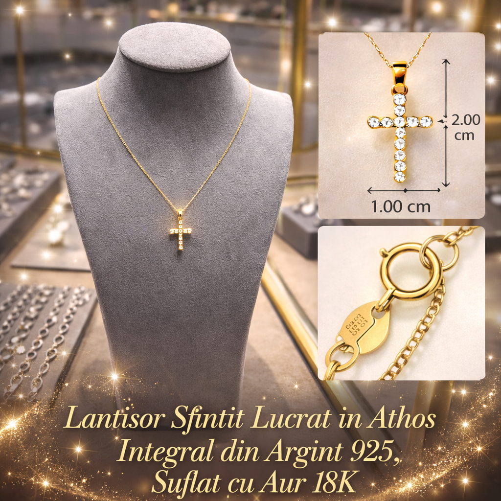 Lantisor cu Cruce Sfintita din Argint 925 Suflat cu Aur si Pietre Zirconiu