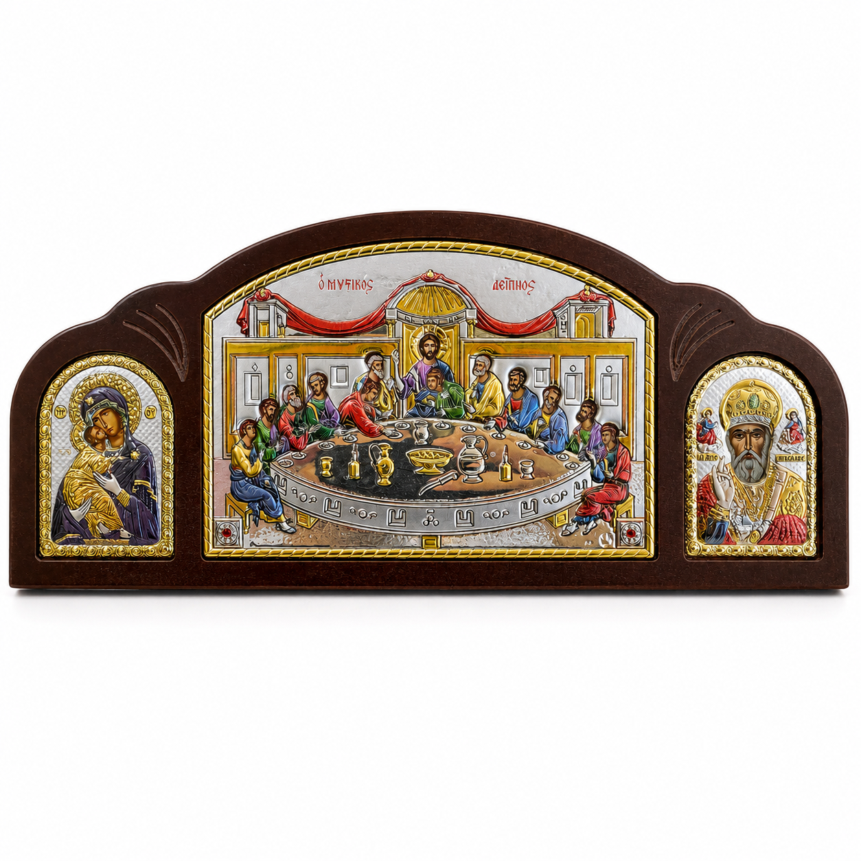 Icoană Tripla Argintată Colorata, Cina cea de Taină 27,5 × 12 cm – Mănăstirea Vatoped, Sfântul Munte Athos