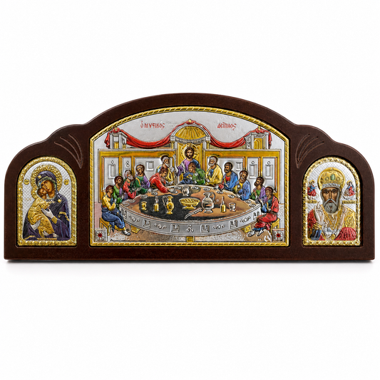 Icoană Tripla Argintată Colorata, Cina cea de Taină 27,5 × 12 cm – Mănăstirea Vatoped, Sfântul Munte Athos