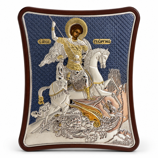 Icoana Argintata cu Sfantul Mare Mucenic Gheorghe 16x19 cm - Adusa din Sfantul Munte Athos
