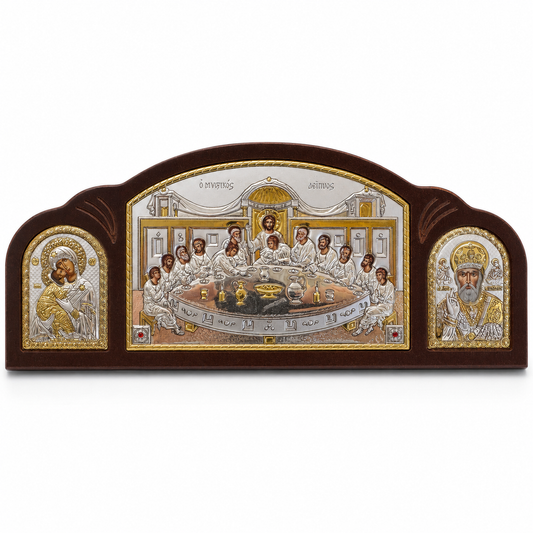Icoană Tripla Argintată Cina cea de Taină 27,5 × 12 cm – Mănăstirea Vatoped, Sfântul Munte Athos