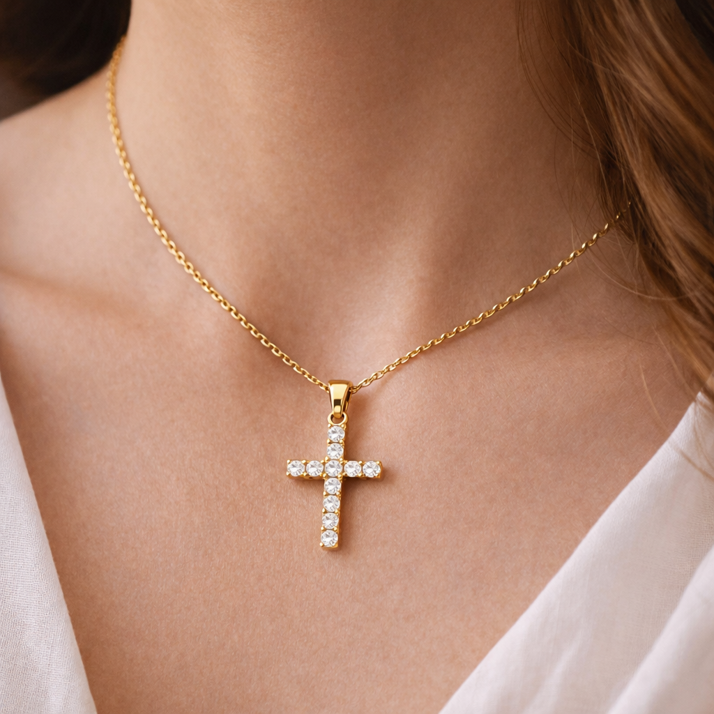 Lantisor cu Cruce Sfintita din Argint 925 Suflat cu Aur si Pietre Zirconiu
