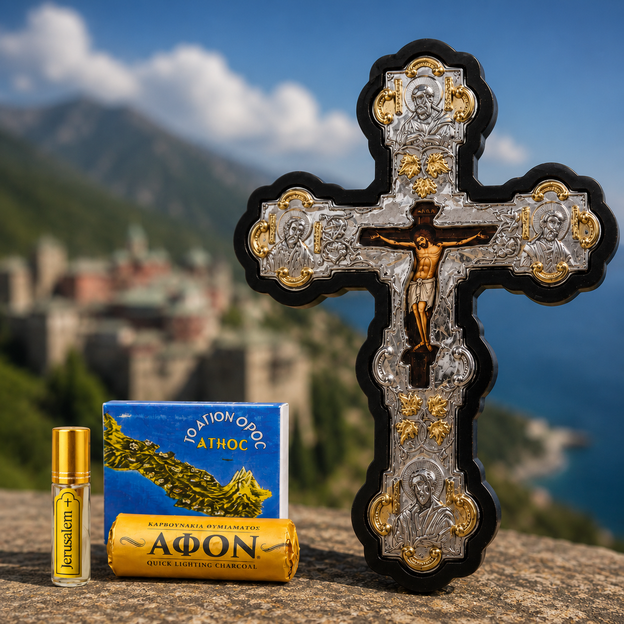 Cruce Byzantina Argintata, lucrata pe Lemn de Mahon, adusa din Athos, Dimensiuni 26x20 cm +Bonus Mir, Tamaie si Carbune