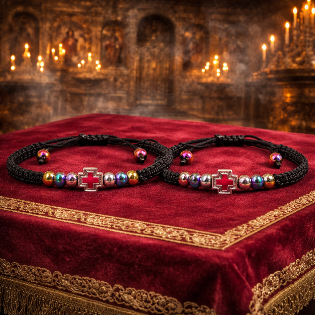 Set 4 Bratari Neagre cu Cruce Rosie, Impletite Manual si Sfintite la Athos