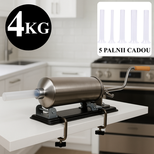 Masina de umplut carnati orizontala din inox 4Kg cu 5 palnii incluse
