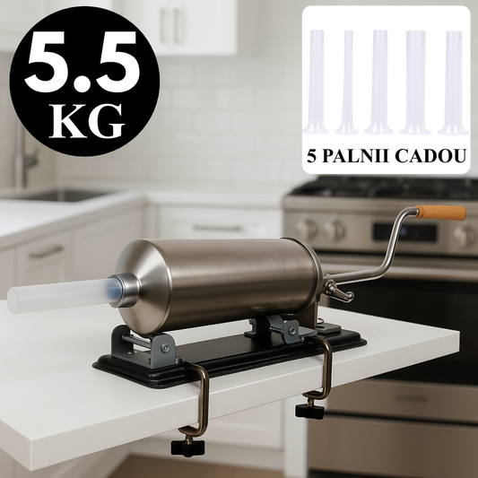 Masina de umplut carnati orizontala din inox 5.5Kg cu 5 palnii incluse