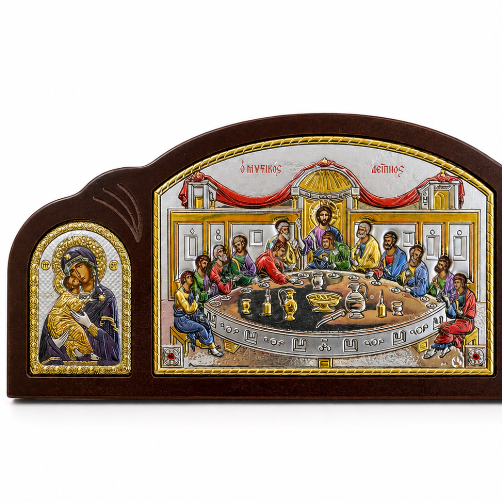 Icoană Tripla Argintată Colorata, Cina cea de Taină 27,5 × 12 cm – Mănăstirea Vatoped, Sfântul Munte Athos