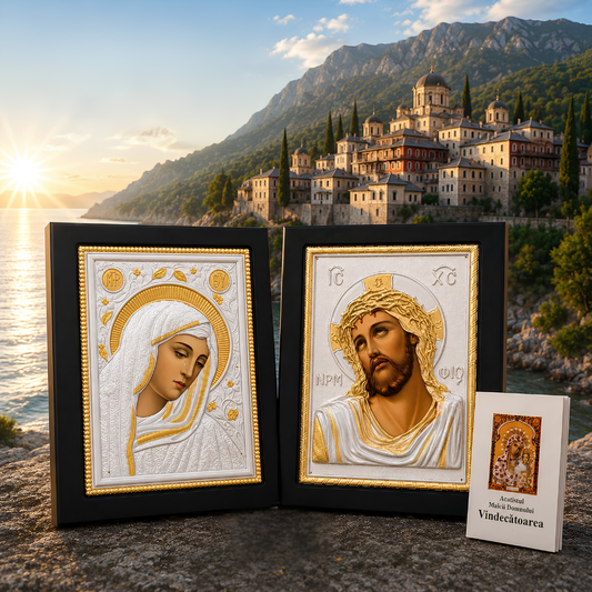 Icoana Mantuitorului cu spini + Icoana Maica Domnului cu lacrimi, Lucrate pe lemn de Mahon, Import Athos
