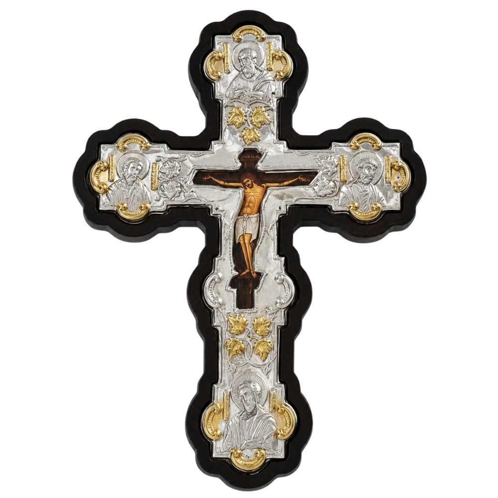 Cruce Byzantina Argintata, lucrata pe Lemn de Mahon, adusa din Athos, Dimensiuni 26x20 cm +Bonus Mir, Tamaie si Carbune