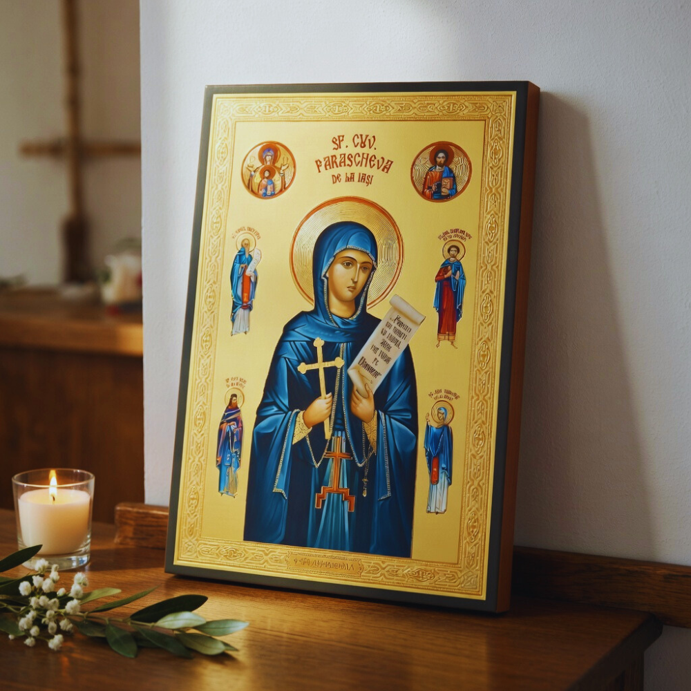 Icoana pe Lemn Fond Auriu – Sfanta Cuvioasa Parascheva de la Iași 22x30 cm – Ocrotitoare a Moldovei si a Tarii Romanesti