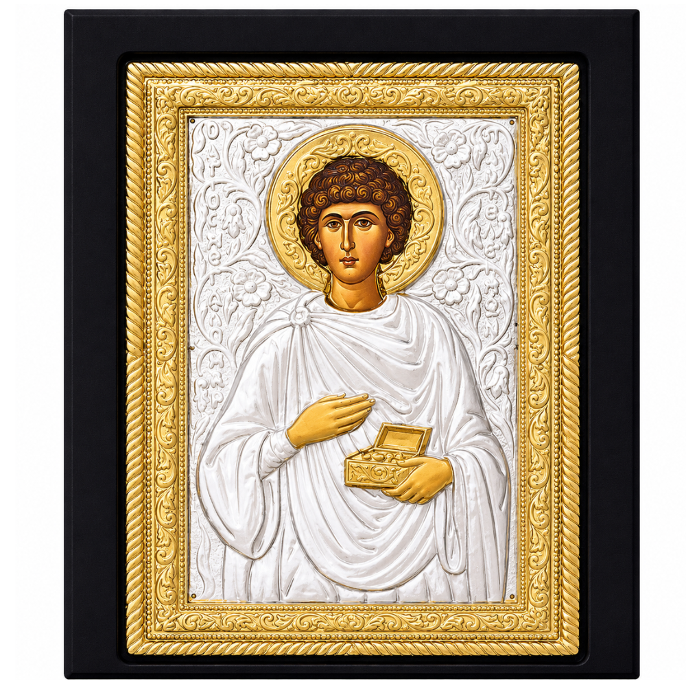 Icoana Sfantului Pantelimon, Lucrata manual pe lemn de Mahon, Import Athos