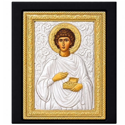 Icoana Sfantului Pantelimon, Lucrata manual pe lemn de Mahon, Import Athos