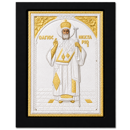 Icoana Sfantului Nectarie - Vindecatorul, Lucrata manual pe lemn de Mahon, Import Athos