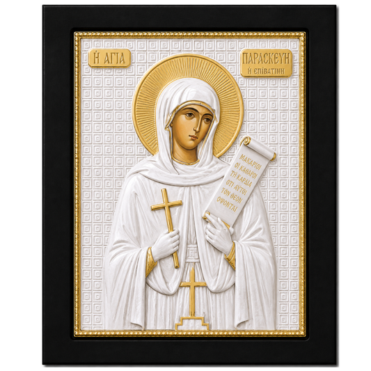 Icoana Sfintei Parascheva de la Iasi, Lucrata manual pe lemn de Mahon, Import Athos