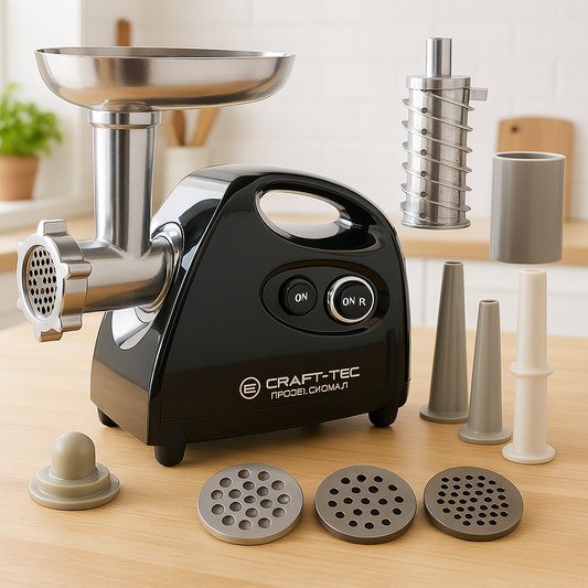Masina de tocat carne Craft-Tec 3200W, motor din cupru, 3 site incluse, functie revers, performanta profesionala pentru bucatarie